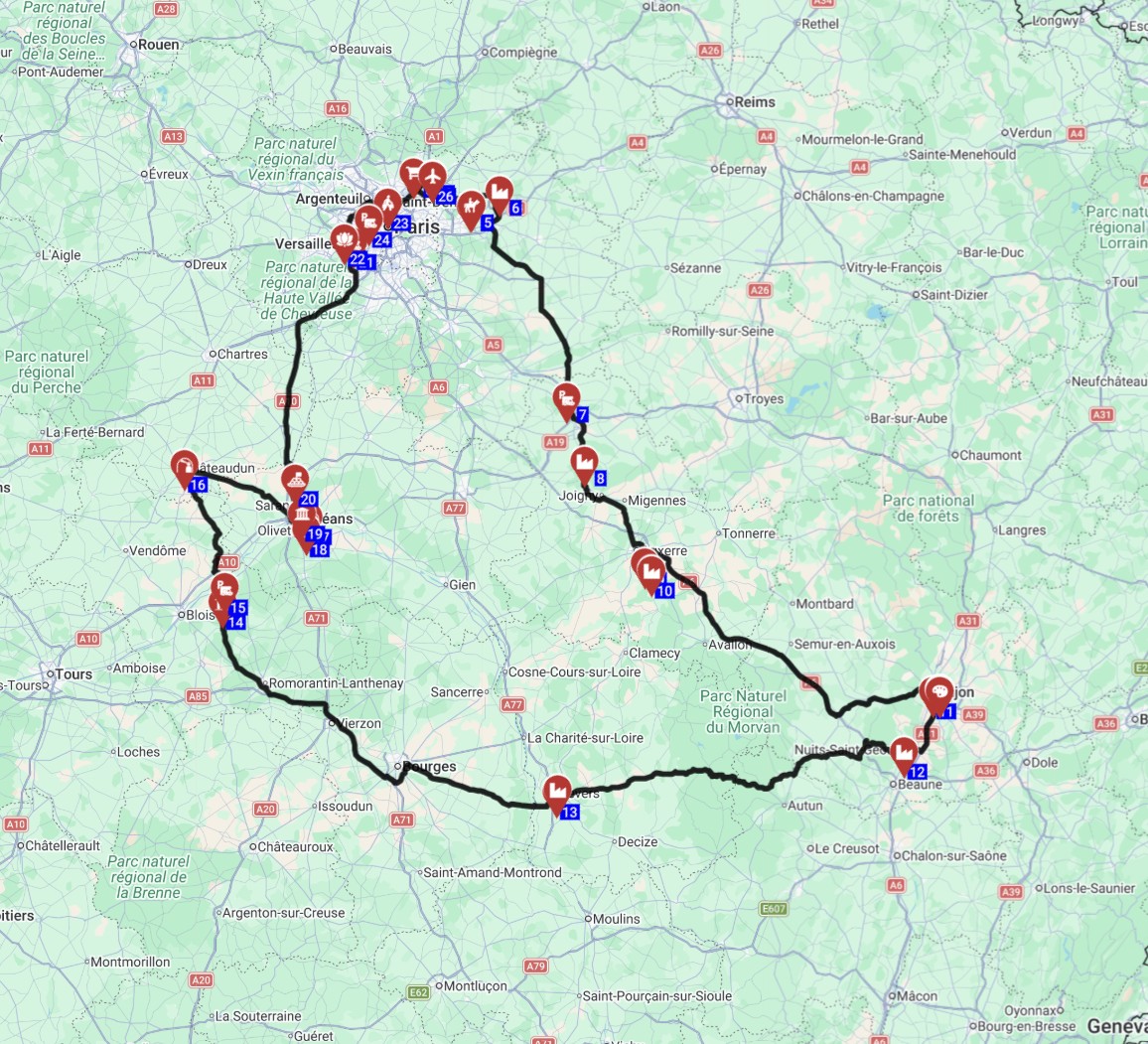 Map for השכרת קרוואן ותכנון מסלול טיול קרוואנים מפריז צרפת